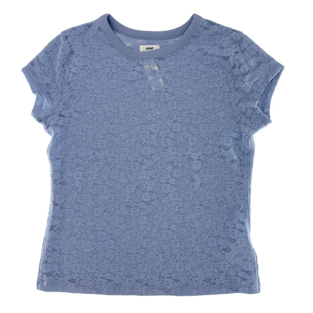 NWT Aerie Blue Floral Lace‎ Vintage Short Slv T Shirt Sz XS Sheer Boho Girlycore